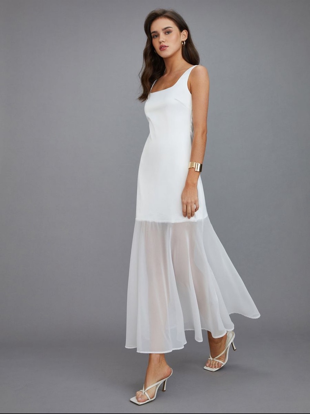 Commense silky White Sleeveless Square Neck Women's Dress bridal